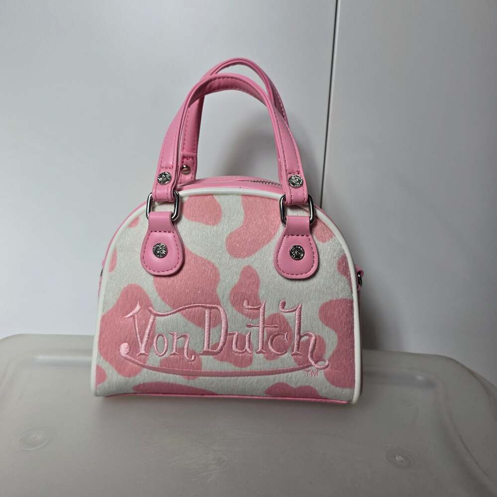 Von Dutch Pink & White Cow Print Bowler Bag
